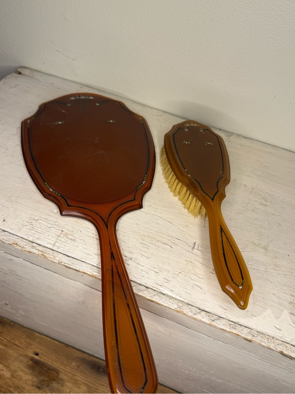 Vintage Celluloid Bakelite Hand Vanity Mirror & Brush Art Deco Brown And floral